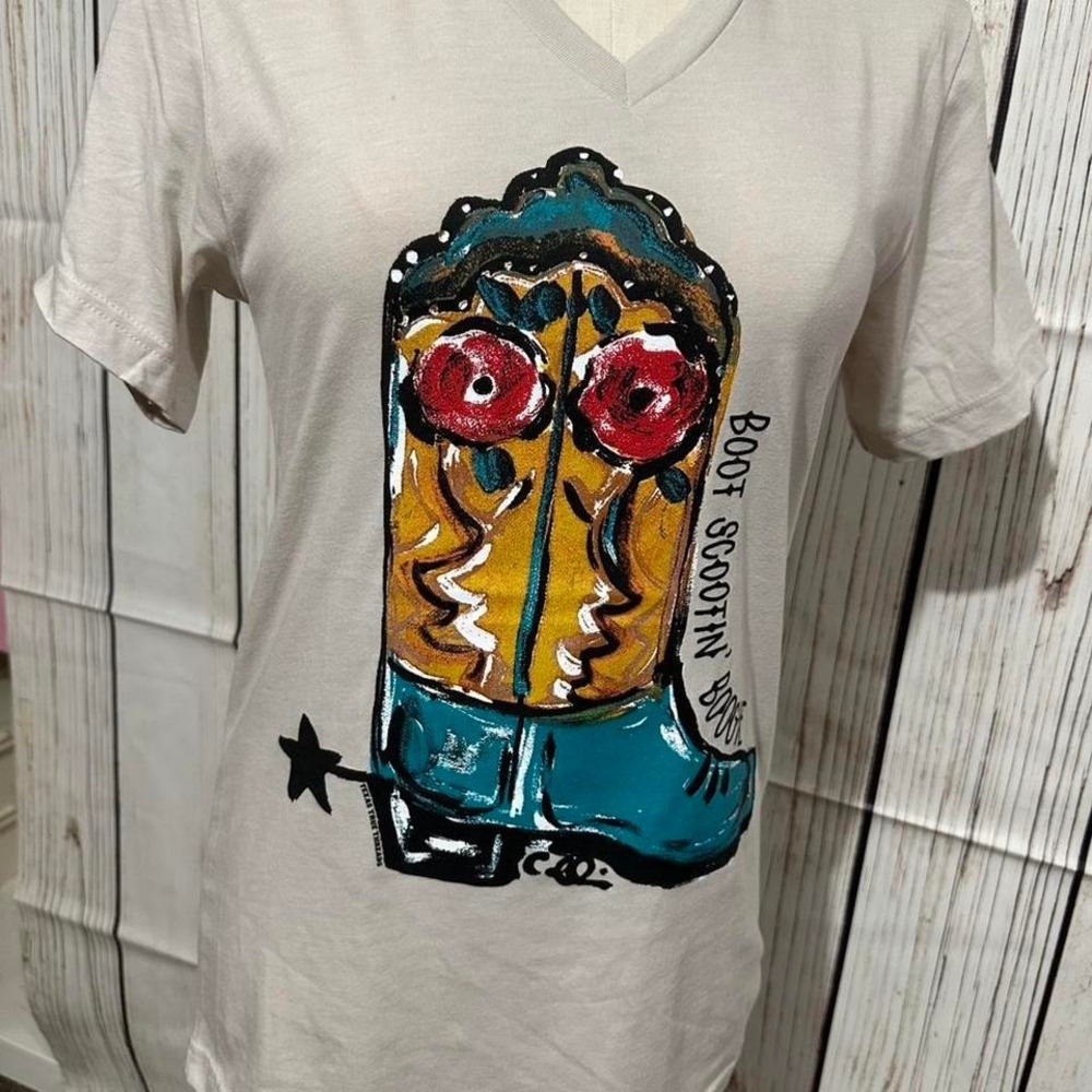 New Texas True V Neck Tee W/Cowboy Boot Size Large